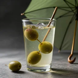 glass with olive and umbrella, an 8 k photograph. volumetric lighting, sub surface scattering, masterpiece, artgem. hard light, high detail