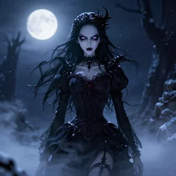 full shot of angry darkness beautiful anime girl at moonlight, snowing, gothic wearing, inspired by Tim Burton, Amano, detailed, unreal engine 4k volumetric light, fog,