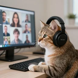 a little cat with headphones playing the computer with his online friends