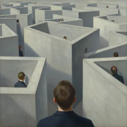 first - person view of a stark concrete maze with people looking into portholes, ( ( ( grant wood ) ) ), pj crook, ( ( ( ( ( ( edward hopper ) ) ) ) ) ), oil on canvas