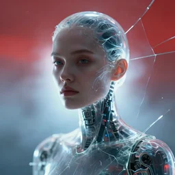closeup portrait of a transparent female cyborg, shattered glass, goo, cinematic light, backlight glow, red sky blue, mist, by mikhail vrubel, by philippe druillet, by peter elson, by gerald brom, muted colors, ( ( extreme detail ) ), trending on artstation, 8 k