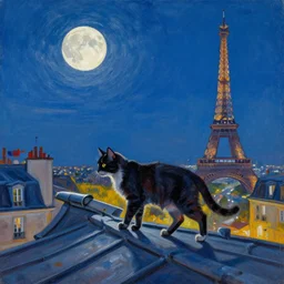 a cat walk on a roof in paris, the moon shine in the sky, the effeil tower is in the background, in the style of leonid afremov, knife - painting. trending on art station. high details