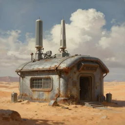 a painting of a small dystopian sci - fi safehouse in a harsh desert landscape, transmitters on roof, electrical appendages, rusty metal plating, dystopian scifi building, cumulus clouds, greg rutkowski, marc simonetti, sergey vasnev, cinematic composition, concept art, artstation, 8 k, highly detailed