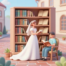 bookshelf, bride with a flowing wedding dress, brick streets, ancient manuscripts, a reader in a chair, nordic pastel colors, 3 d art, digital illustration, perfect lighting