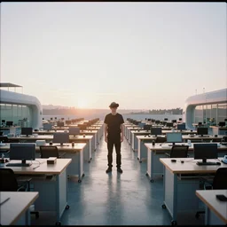 candid photo rows upon rows of workshop desks perfectly knolled, stretching off to the horizon, sunrise cozy futuristic zero - g open - air design studio by jony ive, scale model floating in midair in front of me, brilliant daylight vr os ux, leica 8 k still from an a 2 4 film