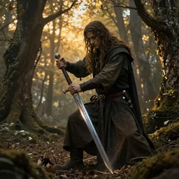 a mysterious Druid, tempering a steel sword, golden hour in an ancient forest, artstation, by J. C. Leyendecker and Peter Paul Rubens,