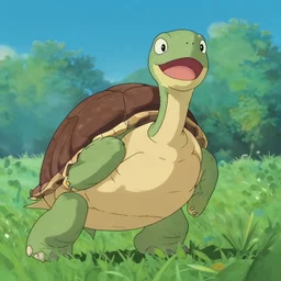 portrait of an excited turtle with a long neck, hayao miyazaki, anime