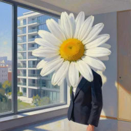 big daisy flower head, woman in suit, standing next to modern window in luxury apartment, surreal photography, sunlight, impressionist painting, digital painting, artstation, simon stalenhag