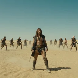 film still of rasputin in mad max : fury road, action sequence, wide lens distant shot