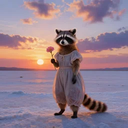 beautiful female anthropomorphic raccoon wearing a dress on salt flats holding a flower, surreal photography, sunrise, dramatic light, impressionist painting, colorful clouds, digital painting, artstation, simon stalenhag