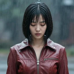 youthful asian blade runner demure, 3 5 mm, exquisite features, feminine cut, eyes closed, 1 9 7 0's frontiers in flight leather suit, roger deakins, pouring rain