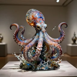 Sculpture, a octopus made of blown glass, elegant, intricate detail, a splash of color, a masterpiece, refracting light, pbr, dramatic, path tracing, refraction. On display in a museum, it is horrifying