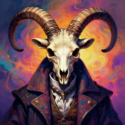 a psychedelic portrait of omin dran skeletal mind flayer psion goat skull politician, vibrant color scheme, highly detailed, in the style of romanticism, cinematic, artstation, moebius, greg rutkowski