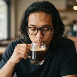 Black asian man with dark long hair, wearing glasses and drinking coffee mixed with rum