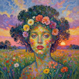 face made of flowers, standing in a flower field, big trees, sunrise dramatic light, impressionist painting, colorful clouds, digital painting, pointillism, artstation, simon stalenhag