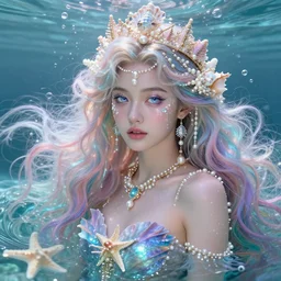 “ blake lively portrait, fantasy, mermaid, hyperrealistic, highly detailed, cinematic lighting, pearls, glowing hair, shells, gills, crown, water, highlights, starfish, goddess, jewelry, realistic, digital art, pastel, magic, fiction, ocean, game, queen, colorful hair, sparkly eyes, fish, romantic, goddess, nymph, ” waves, bubbles