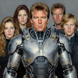 portrait of young charlton heston wearing cybernetic power armor. intricate painting by ross tran, magali villeneuve, and jeremy mann.
