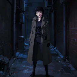 a high definition screenshot from the detective noir noir ( cyberpunk ) anime anime film ; a cinematic shot of a alone alone alone alone lonely alone female detective in a trenchcoat investigating a dark dark alleyway, digital painting by ( ( makoto shinkai ) ), martin ansin, trending on artstation