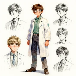 watercolor, pen and ink and pencil sketch character concept design game asset of sketches watercolor of a boy scientist by Stanley Artgerm Lau, WLOP, Rossdraws, James Jean, Andrei Riabovitchev, Marc Simonetti, and Sakimichan, tranding on artstation , assets, character design, tending on pinterest, trending on cgtalk, trending on concept art, trending on character design