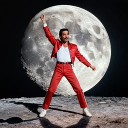 color photography of Freddy mercury doing live Aid  on the moon