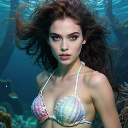 Supermodel Jasmine Tookes as a mermaid with a piercing gaze wearing a shell bikini in an underwater magical forest, highly detailed face, realistic face, beautiful detailed eyes, fantasy art, in the style of artgerm, illustration, epic, fantasy, intricate, hyper detailed, artstation, concept art, smooth, sharp focus, ray tracing, vibrant, photorealistic