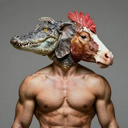 portrait of muscular animal human merged head skin, solid background, scales skin dog, cat merged elephant head cow, chicken face morphed fish head, gills, horse head animal merge, morphing dog head, animal eyes, merging crocodile head, anthropomorphic creature