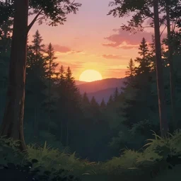 anime background style , forest sunset