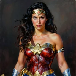 ultra realistic portrait painting of wonder woman, art by frank frazetta, 4 k, ultra realistic, highly detailed, epic lighting.