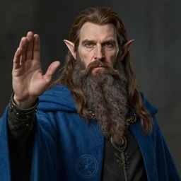 portrait of a middle aged elf with a long beard, dressed in a blue cloak with clock iconography, brown hair, raised hand, detailed face, fantasy, highly detailed, cinematic lighting, digital art painting by greg rutkowski