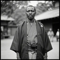 analogue photo of an african chief in Haori & Hakama, 35mm, f/1.4, black & white, butterfly lighting, national geographic, photographed by Martha Cooper,