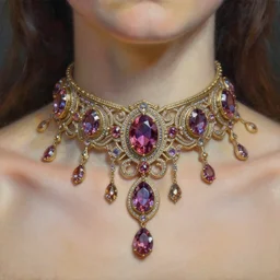highly detailed oil painting, art nouveau, ornate, delicate, brilliant magical gemstones choker, around a neck, octane render, realistic, dramatic light,