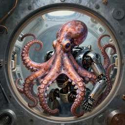 robotic Octopus in an airlock, Industrial Scifi, detailed illustration, character portrait, by Martin Grip and Moebius