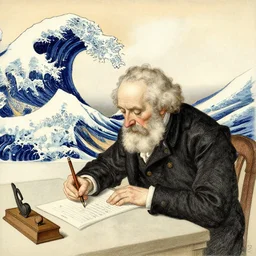 drawing old man writing, by william blake, by hokusai, by todd schorr, by mark ryden, by john tenniel