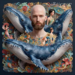 pretty bald model with beard, whales : : by martine johanna and simon stalenhag and chie yoshii and casey weldon and wlop : : ornate, dynamic, particulate, rich colors, intricate, elegant, highly detailed, vogue, harper's bazaar art, fashion magazine, smooth, sharp focus, 8 k, octane render,