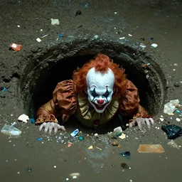 horror image of clown from it trying to crawl out of a flooded sewer drain with trash and debris floating in dirty water, stephen king movie scene