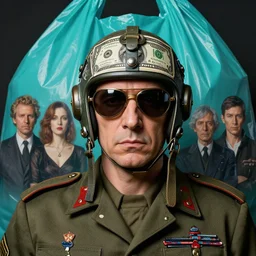 hyperrealistic detailed portrait of a military brutal character in ornate dollars fighter pilot helmet, in background turquoise plastic bag, rich deep colors, ultra detail, by francis bacon, james ginn, petra courtright, jenny saville, gerhard richter, zdzisaw beksinski, takato yamamoto. masterpiece, elegant fashion studio ighting, 3 5 mm
