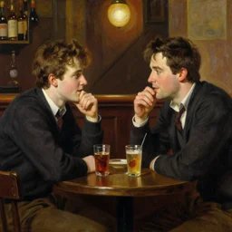 attractive bradley james and attractive colin morgan go to a pub to have some drinks. highly detailed painting by gaston bussiere, craig mullins, j. c. leyendecker 8 k
