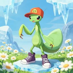 anthropomorphic lurantis pokemon girl like a mantis in an ice floe standing in a field of daisies wearing converse shoes and a davey crockett hat, digital illustration by ruan jia on artstation