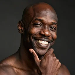 a bald black man smiling while having a hand on the chin