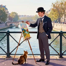 ewan mcgregor is standing by the river seine on a bridge in the morning. he is wearing a gentleman ´ s outfit with a bowler hat. next to him at his feet is lying a brown cat. ewan mcgregor is painting a canvas that is put on an easel. morning light. early 2 0 th century paris. vivid colours, digital art