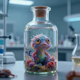 a bottle with a strange creature inside, in a laboratory, digital art, fine detail, 8k