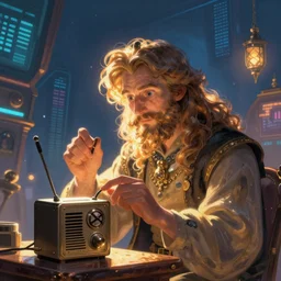 wizard fiddling with radio transmitter, digital 2d fantasy art