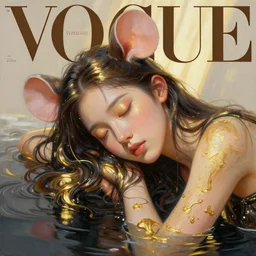 3 d, close - up, sleepy fashion model girl, long hair, rat ears, liquid gold and black water, sleepy fashion model, morning, sun rays, vogue cover style, poster art, hyper detail, intricate oil painting, multiple exposure, morning mood, 3 d, by tooth wu and wlop and beeple and greg rutkowski