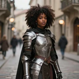 beautiful ninja african princess with an afro. wearing cloak, medieval body armor, artgerm, trending on artstation, d & d character concept art, inspired by brom, standing in the streets of waterdeep, bokeh