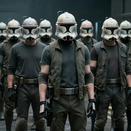 award-winning cinematic still of an army of human clones with their faces visible and wearing normal clothes, highly-detailed, establishing shot, cyberpunk style