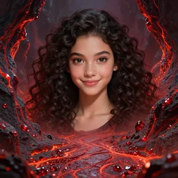 a beautiful young girl, goddess of darkness surrounded by lava cliffs and rubies, with long curly hair, perfectly proportioned face, brown eyes, sweet smile, strong jawline,, natural lighting, path traced, highly detailed, high quality, cartoon, digital painting, by new haicheng and h. r. giger and studio ghibli and alphonse mucha