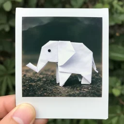 origami elephant, polaroid, outside, macro lens