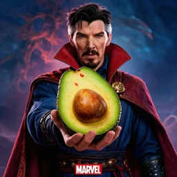 a marvel movie poster of doctor strange holding an avocado, amazing detail, cinematic, marvel logo, movie poster