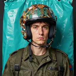 portrait of a military fighter pilot in ornate motorcycle dirt helmet in a helmet background turquoise plastic bag, circuitboard,, rich deep colors, ultra detail, by francis bacon, james ginn, petra courtright, jenny saville, gerhard richter, zdzisaw beksinsk, takato yamamoto. masterpiece, elegant fashion studio ighting 3 5 mm