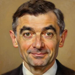 up close portrait of mr bean, face, gorgeous lighting, dramatic lighting and composition, award winning oil painting, beautiful lighting, warm colours